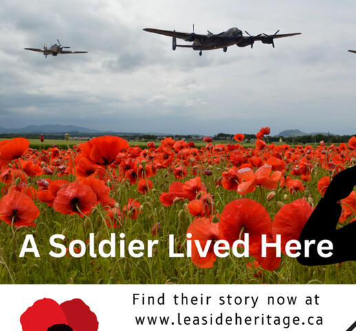 A field of red poppies with the silhouette of a soldier in the lower right corner saluting as three airplanes fly overhead. The main heading on the lower left of the image reads, "A Soldier Lived Here"
