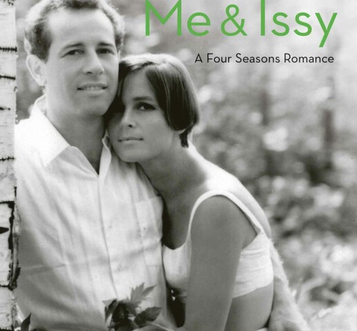 A black and white image of a man and a woman hugging and looking at the viewer. The title/words "Me & Issy" are written at the top in green and the words "A Four Seasons Romance" are below in black.