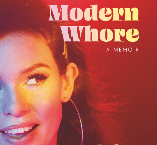 A photo of a woman looking to the side and smiling, with big hoop earrings, over a red background. The title "Modern Whore" "A Memoir" is at written at the top in yellow, and the author's name "Andrew Werhun" is written towards the bottom, with "Photography by Nicole Bazuin" written below.