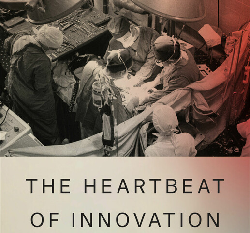Book cover with a black and white image of doctors around an operating table. Below the image is a grey and red ombre background. Over the background are the words "The Heartbeat of Innovation", "A History of Cardiac Surgery at the Toronto General Hospital", "Edward Shorter, Hugh E. Scully, Bernard S. Goldman".