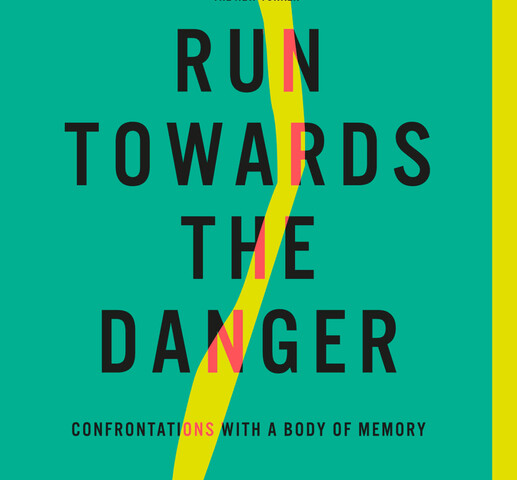 A teal background with a green flowy line down the middle and a green line bordering the right side. The words "Run Towards the Danger" are written in the middle in black, with the words "Confrontations with a Body of Memory" written below, with words "Sarah Polley written at the bottom.