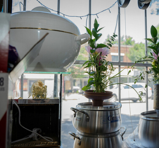A close up image of 2 flowers and kettles, pots and pans overlooking outside a window.