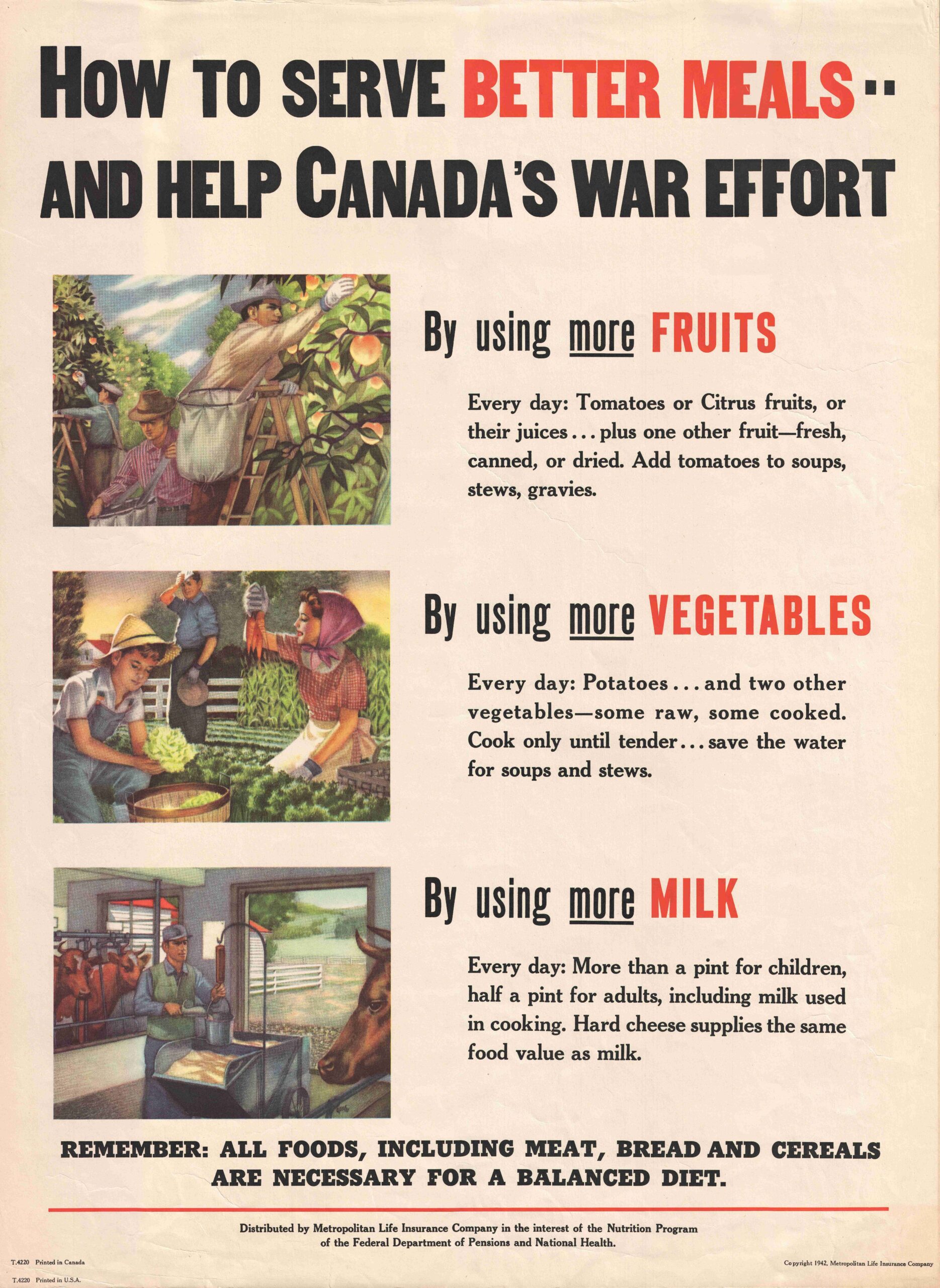 Image of a poster entitled, "How to serve better meals..and help Canada's War Effort". The poster contains three images on the left pertaining to food production - each with a corresponding description. The description sub-headings are, "By using more FRUITS / By using more VEGETABLES / By using more MILK". The bottom of the poster states, "Remember: All food, including meats, bread, and cereals are necessary for a balanced diet. / Distributed by Metropolitan Life Insurance Company in the interest of the Nutrition Program of the Federal Department of Pensions and National Health".
