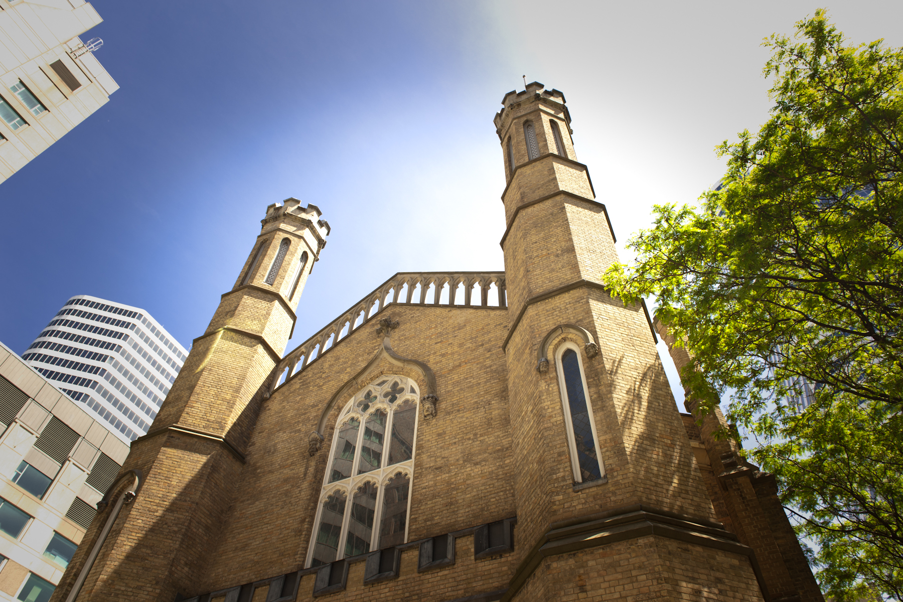 An image of an ornate church looking up from below. The sun is behind the towers on either side. A tree with full foliage is off the the right hand side of the image.