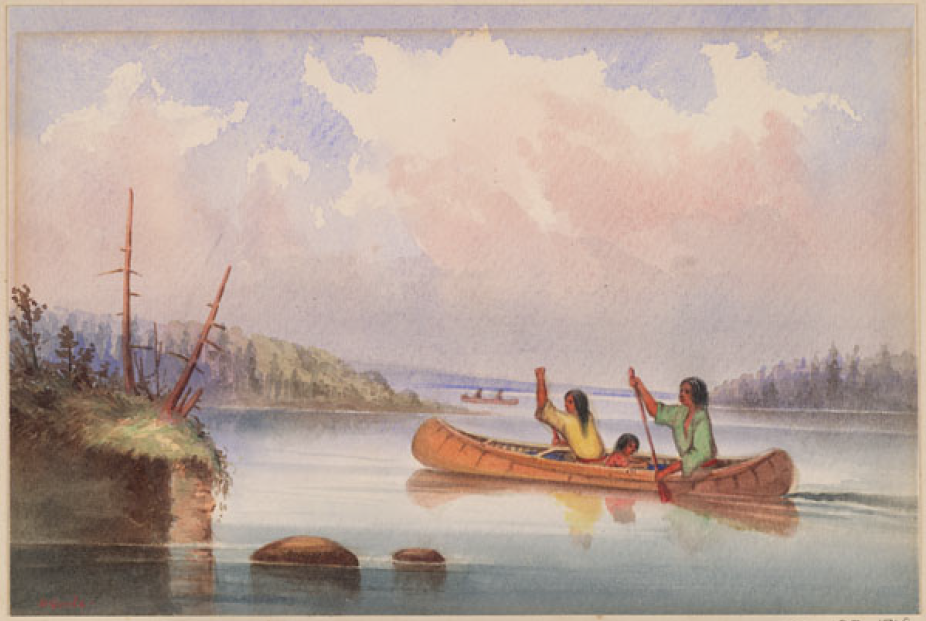 Watercolor painting of man, woman and child in a canoe. The man and woman paddle the canoe while the child is sitting. To the left is an island and two rocks. In the background is water and two islands of forested land. In the distance is another canoe with two people aboard.