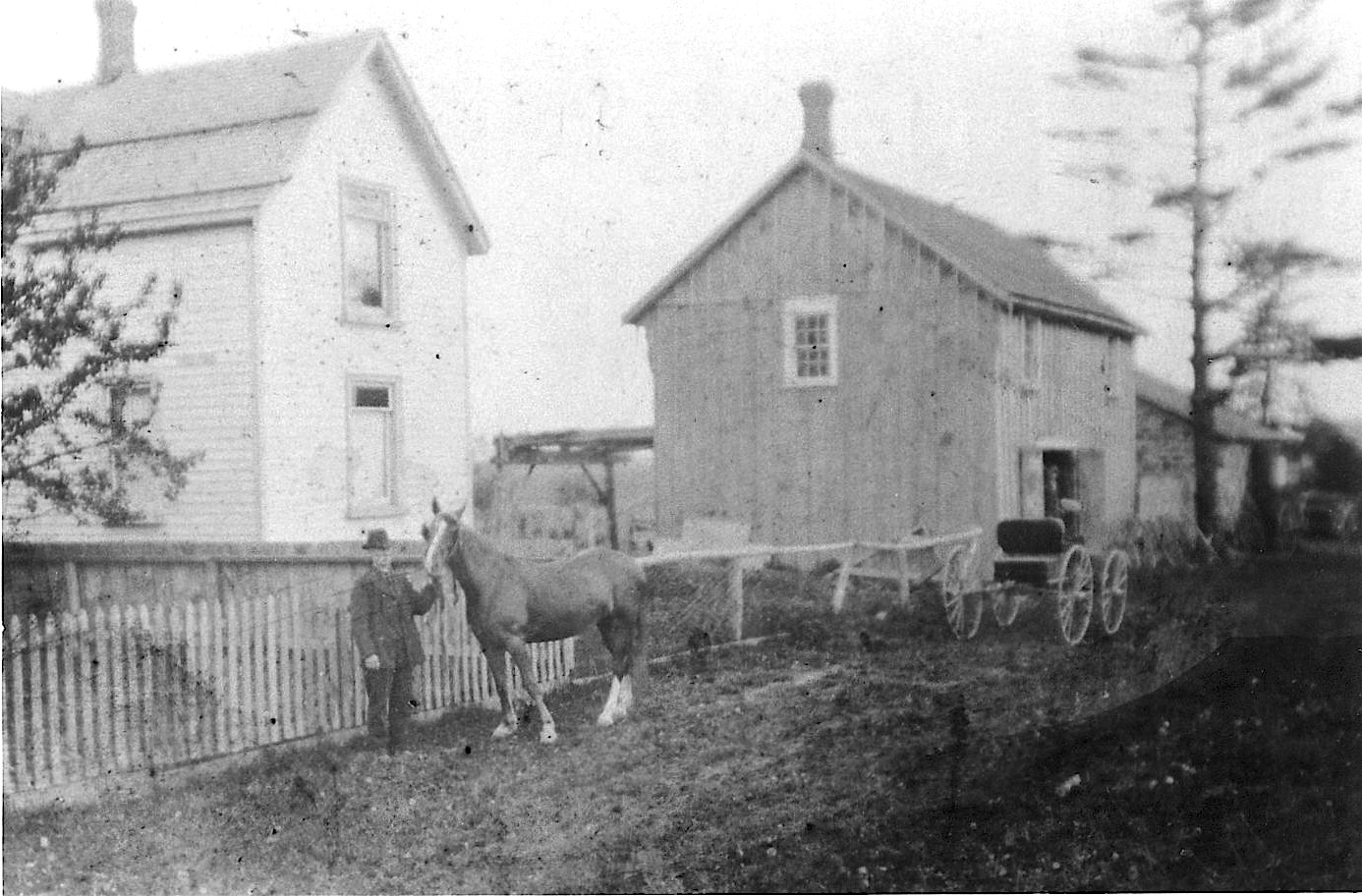 Black and white photo a man pulling a horse by the reigns on a muddy road. The horse is pulling a carriage and behind them is a fence and two buildings.