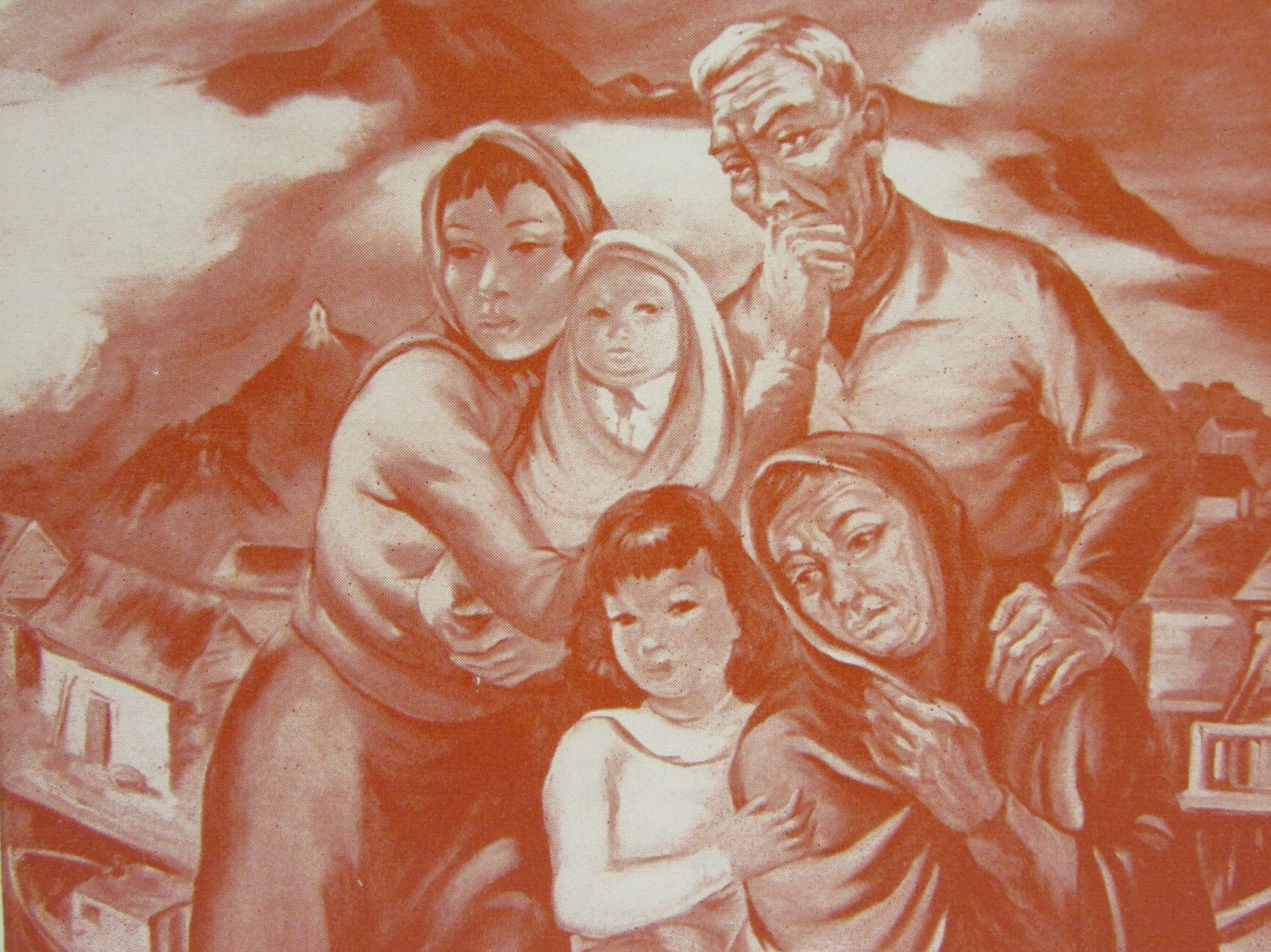 A painting of three adults and two children huddled together. They look back at a mountainous landscape with small buildings.