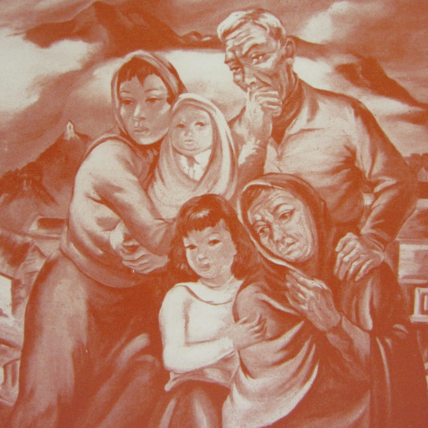 A painting of three adults and two children huddled together. They look back at a mountainous landscape with small buildings.