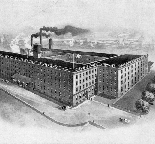 Black and white drawing of building. Tall building, built in a U shape, with a small section connecting the two long sections towards the top of the U.