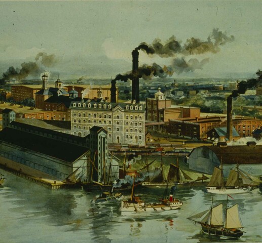 A painting of the Gooderham and Worts distillery looking downward from over the lake. The image is quite busy with many boats at the docks in the foreground. There are many large buildings in the background many with large billowing smokestacks.