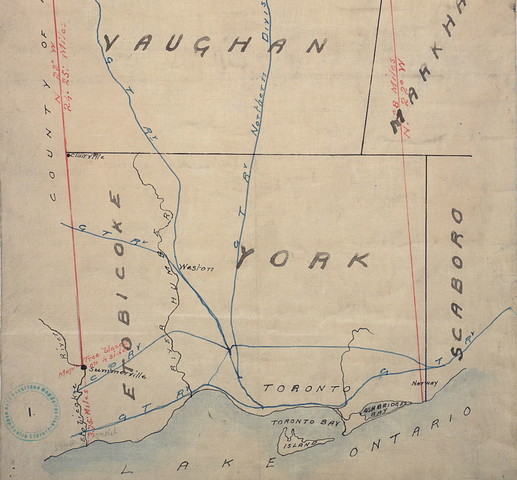A map coloured with red, blue, and black lines, printed on linen. The map outlines the different sections of what would become Toronto: King the North with Whitechurch in the North-East, Vaughan beneath King, with Markham in the East, York in the South with Etobicoke in the West, Scarborough in the East, and Toronto along the front of Lake Ontario which is at the bottom of the image and coloured in a light blue.