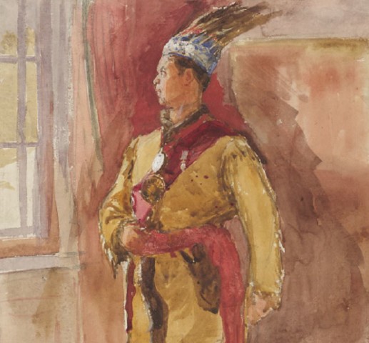 Watercolor portrait of Indigenous man standing and looking out of window. He wears clothes made from tanned hide and a red sash across his hips and chest. On his head is a feathered headdress.