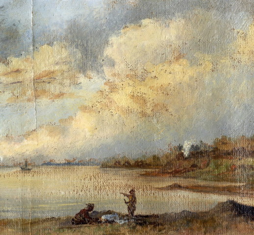 Oil painting of shoreline. There are two Indigenous men on the shore wearing traditional dress. A few metres from them is a canoe. There is land on either side and in the water there is a boat at a distance. The sky is partially cloudy.