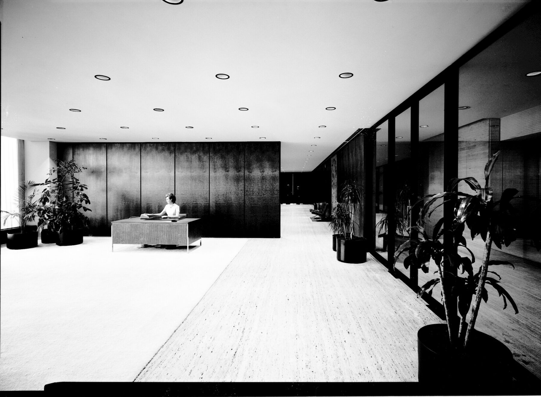 Black and white interior image of a reception area in a wood paneled room. Visible on the ceiling are many small, circular recessed lights. There are plants along the walls and a woman sitting behind a desk.