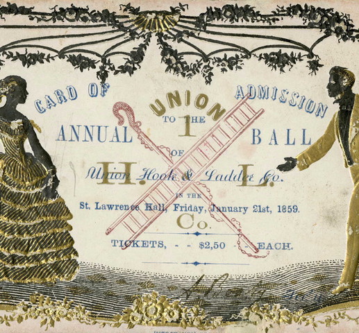 Coloured and illustrated invitation to an annual ball. Two women dressed in ball gowns are on the left-hand side of the card and a man in a suit is on the right-hand side of the card with an extended hand outwards toward the women as if asking them to dance. The women and the man are illustrated in black and yellow, and in the centre of the card is a hook and a ladder, as well as the words UNION, the number 1, and an H. and L., all of which are presumably the company's logo. Over the Hook and Ladder's logo are the words: "CARD OF ADMISSION TO THE ANNUAL BALL OF Union Hook and Ladder Co. In the St, Lawrence Hall, Friday, January 21st, 1859. TICKETS -- $2,50 -- EACH." The card has floral designs around the outside.