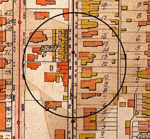 Colour image of the Goad's Atlas map showing the area between Sherbourne Street and Parliament Street just above Carlton Street. There is a circle around the area of 43 Bleecker St.