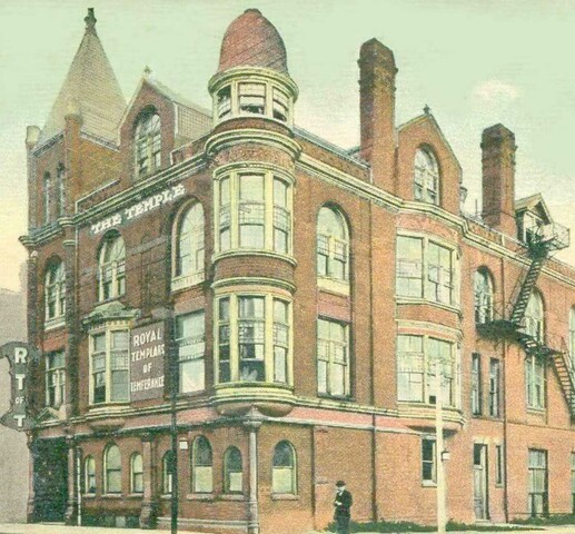 Illustration on a postcard of a large red brick Victorian building. Once side of the postcard reads, "Royal Templar Headquarters / Queen St. West. Cor. Dovercourt Rd", and the other side reads, "Toronto Canada".