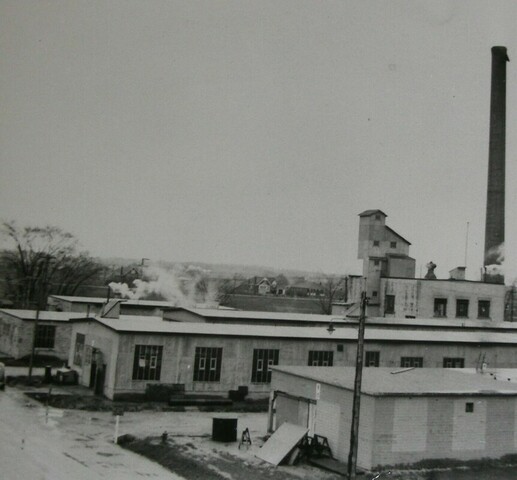 Black and white photo of many short buildings with chimney - some with smoke coming out. In the distance are trees and power lines and beside the buildings a road.