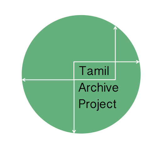 Green circle with white line arrows running through with the words "Tamil Archive Project" written in black in side the circle.