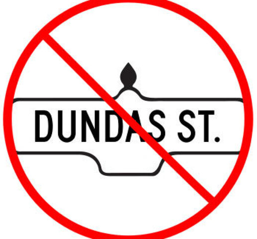 Logo of a street sign that reads "DUNDAS ST." with a red circle around it and a red line across.
