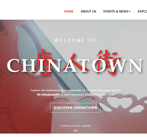 Screenshot of a webpage. Large photo of a red metal dragon sculpture taken from a low angle. Title text reads “Welcome to / Chinatown” in white lettering with red Chinese lettering behind. Logo in top left corner reads “Chinatown BIA”.
