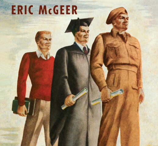 Illustrated image of three men: one is wearing a red sweater with pants holding books, one is wearing a graduation gown and cap, and one is wearing a soldiers uniform.