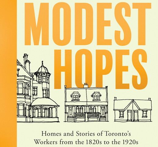 A book cover with three sketches of houses. Each house is a bit smaller than the house to its left, with the house on the left looking like a Victorian mansion and the one on the right looking like a small cottage. The title reads "Modest Hopes"