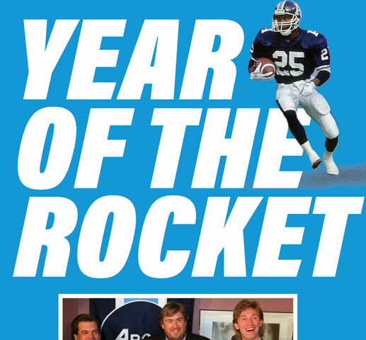 A book blue cover with a photo of a football player next to the title. The main title reads " Year of the Rocket". Underneath the title is a photo of three men in suits holding Argonauts jerseys.