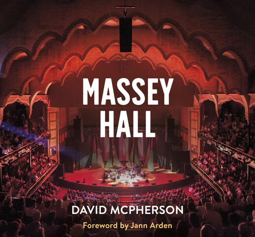 A book cover of the interior of a music hall. There is a band playing on the stage and the hall is filled with people. the book title says "Massey hall".