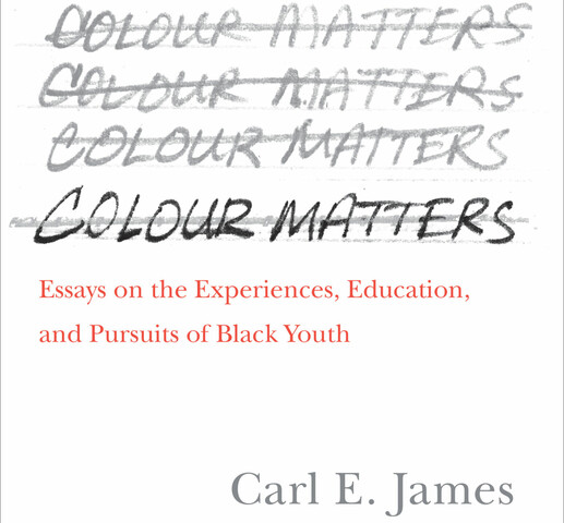 A book cover consisting of the words "Colour Matters" crossed out 8 times in a column. The last iteration is bolded. Underneath, the cover reads, "Essays on the Experiences, Educations and Pursuits of Black Youth. Carl E. James".