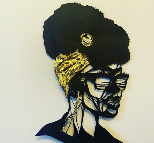 A mixed media art piece depicting a person with curly hair bound in yellow patterned head wrap, glasses and yellow drop earring.