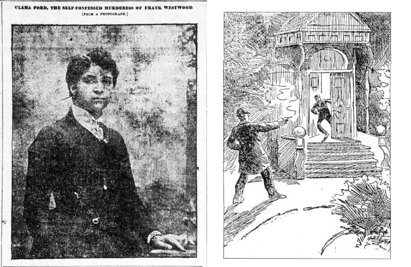 On the left, an old photograph of a person wearing a Victorian garb. On the right, an illustration of a scene depicting a person pointing a gun at someone leaving a pavilion structure in a park.