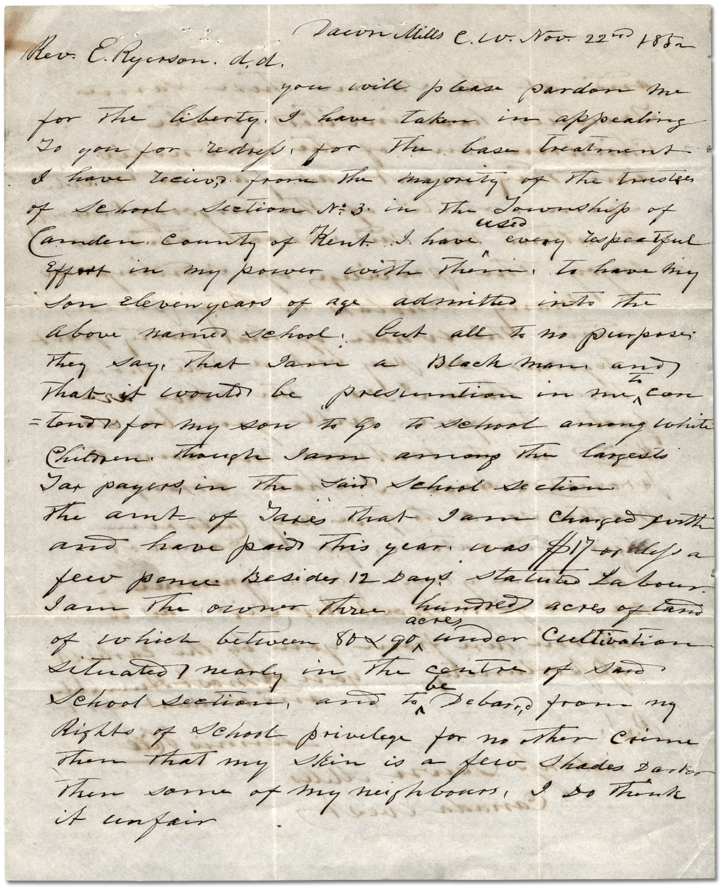 A handwritten letter by a Black parent advocating for their son to be allowed into the local common school to receive an education.