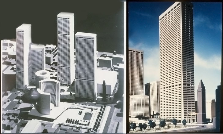 Two photographs of an architectural model with a complex of square, modernist high-rise buildings alongside the New City Hall, with the Old City Hall clocktower standing by itself at the corner of Queen and Bay streets. The rest of Old City Hall has been demolished.