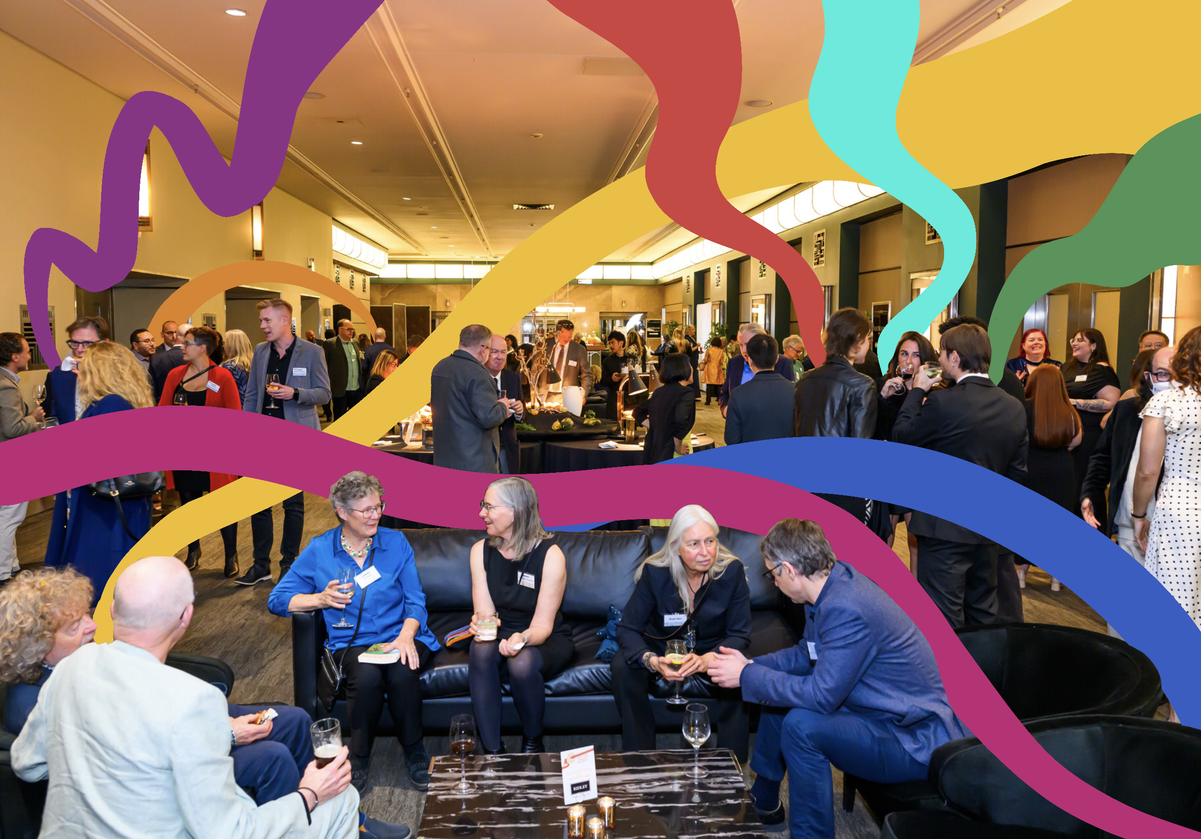 A group of people are gathered in a large room conversing with each other. Multiple colour waves are edited in the image.