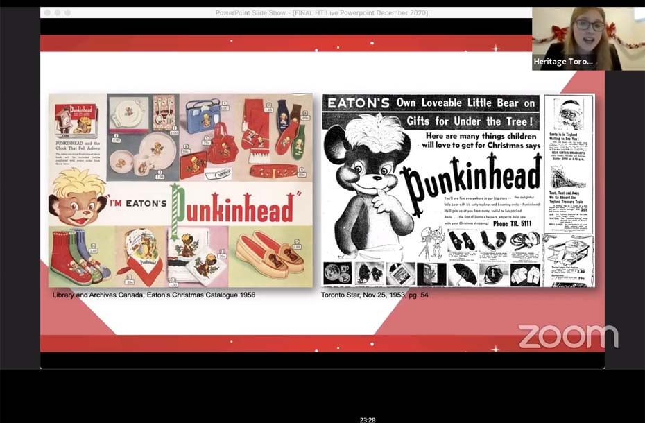 Screen shot of a Zoom event showing advertisements featuring a cartoon called Punkinhead