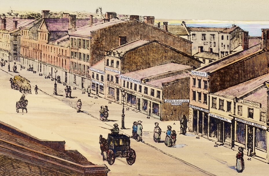 Coloured illustration of King St East from the vantage point of looking east from Leader Lane. Buildings line either side of the road, pedestrians are walking along the side walk and on the road there are several horse-drawn carriages. In the background, the spire of St James Cathedral and Lake Ontario is visible.