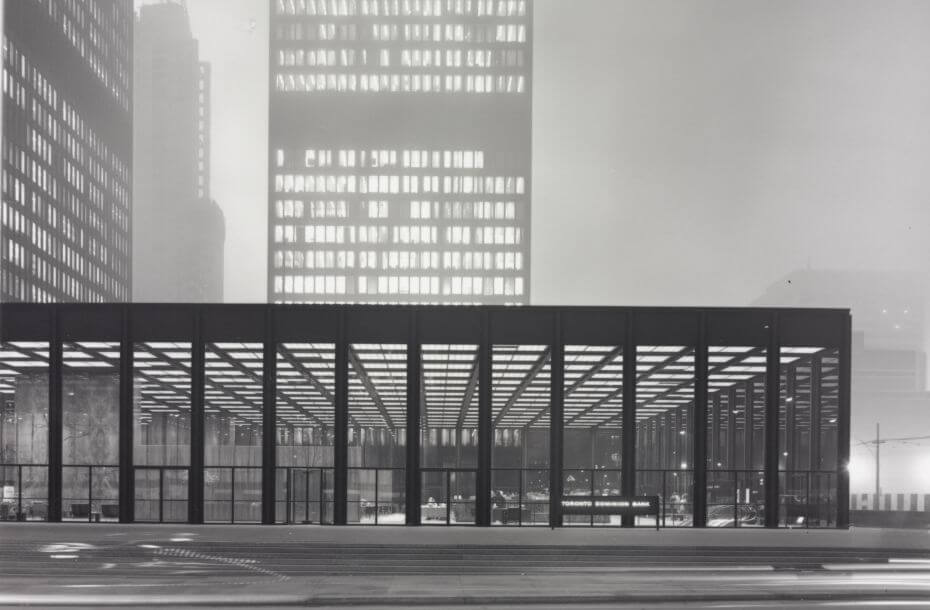Black and white photograph shows pavilion, two completed towers, and one under construction of the Toronto-Dominion Centre by architect Mies van der Rohe.