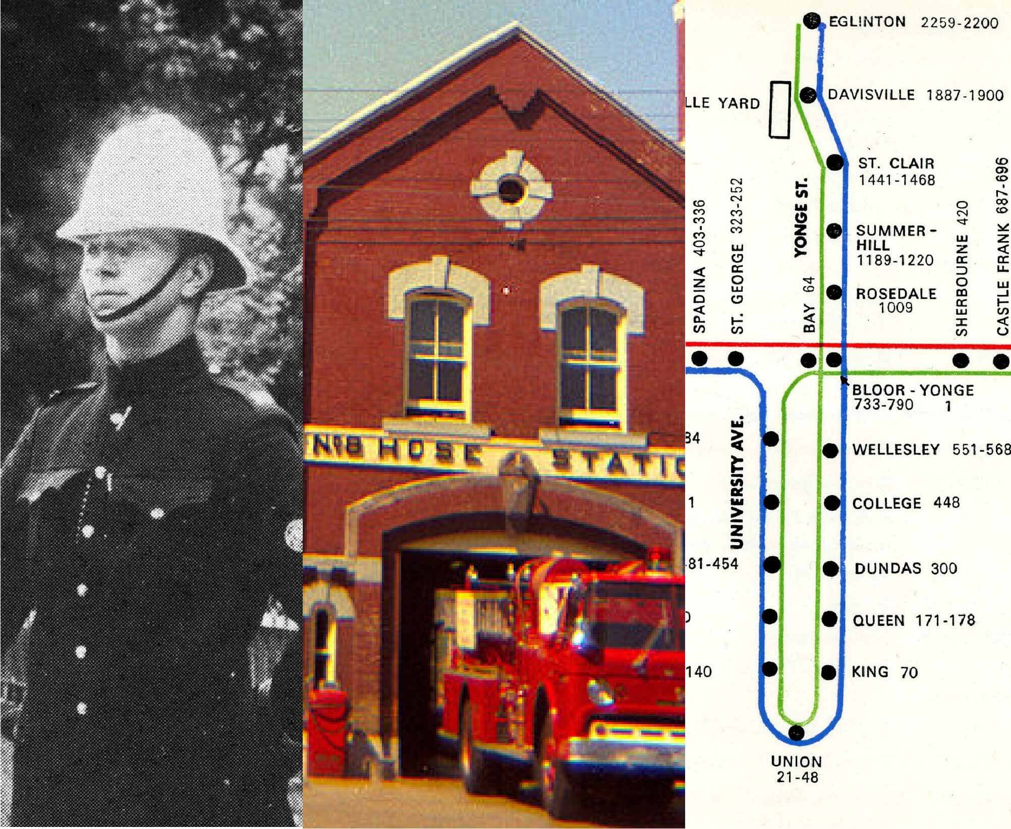 composite image of a black and white portrait of a policeman, a colour image of a firestation, and a 1960s TTC map