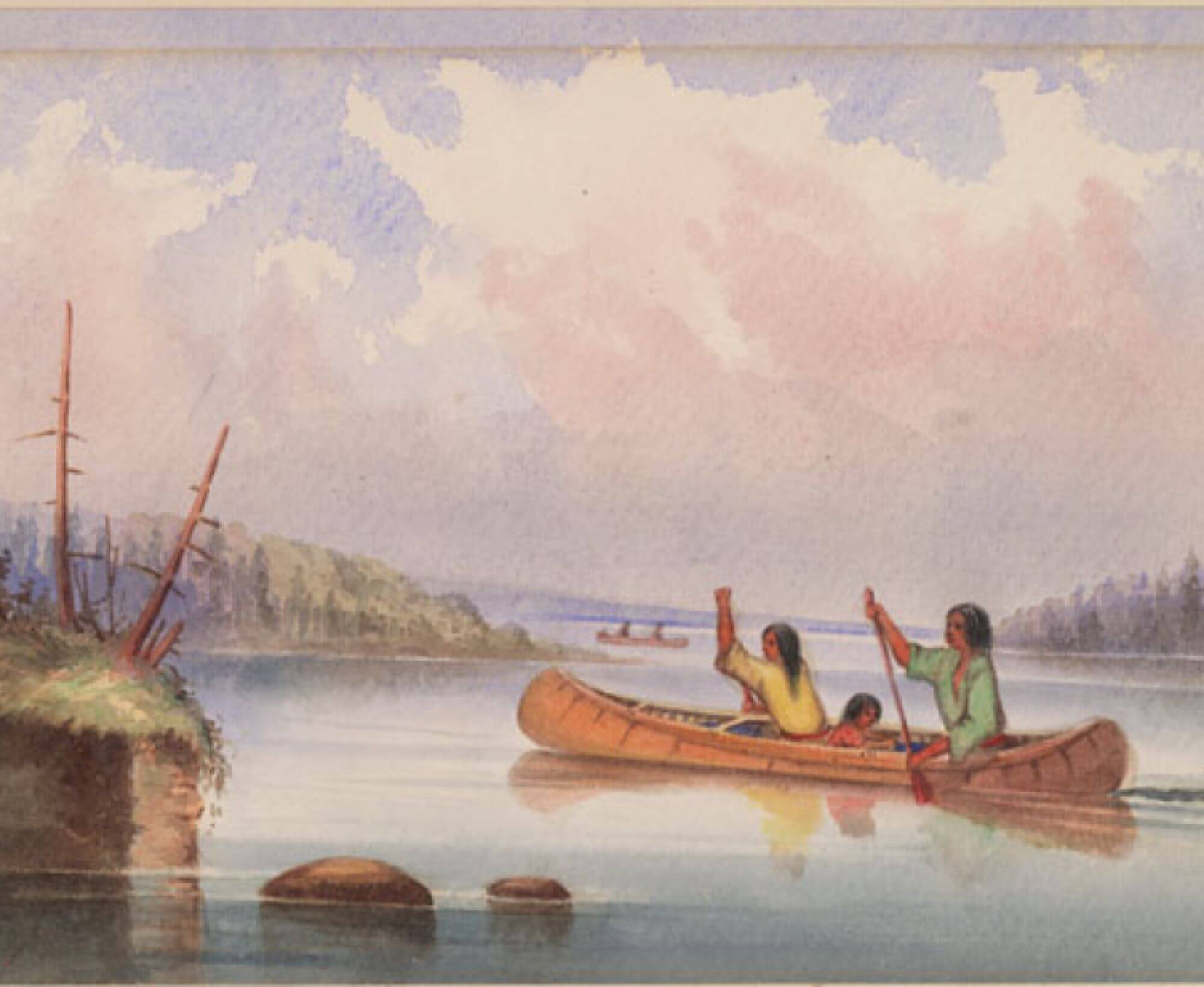 Watercolor painting of man, woman and child in a canoe. The man and woman paddle the canoe while the child is sitting. To the left is an island and two rocks. In the background is water and two islands of forested land. In the distance is another canoe with two people aboard.