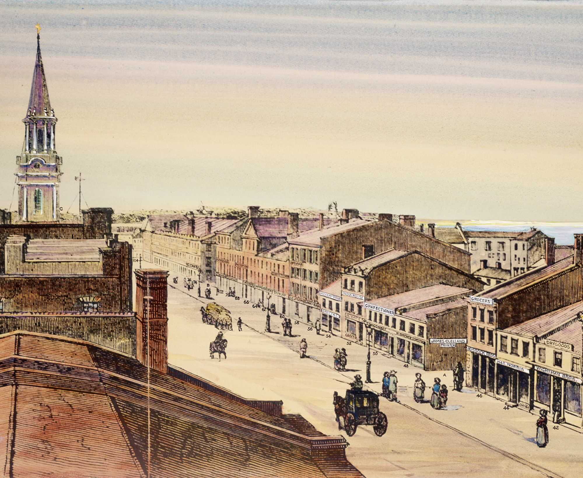 Coloured illustration of King St East from the vantage point of looking east from Leader Lane. Buildings line either side of the road, pedestrians are walking along the side walk and on the road there are several horse-drawn carriages. In the background, the spire of St James Cathedral and Lake Ontario is visible.