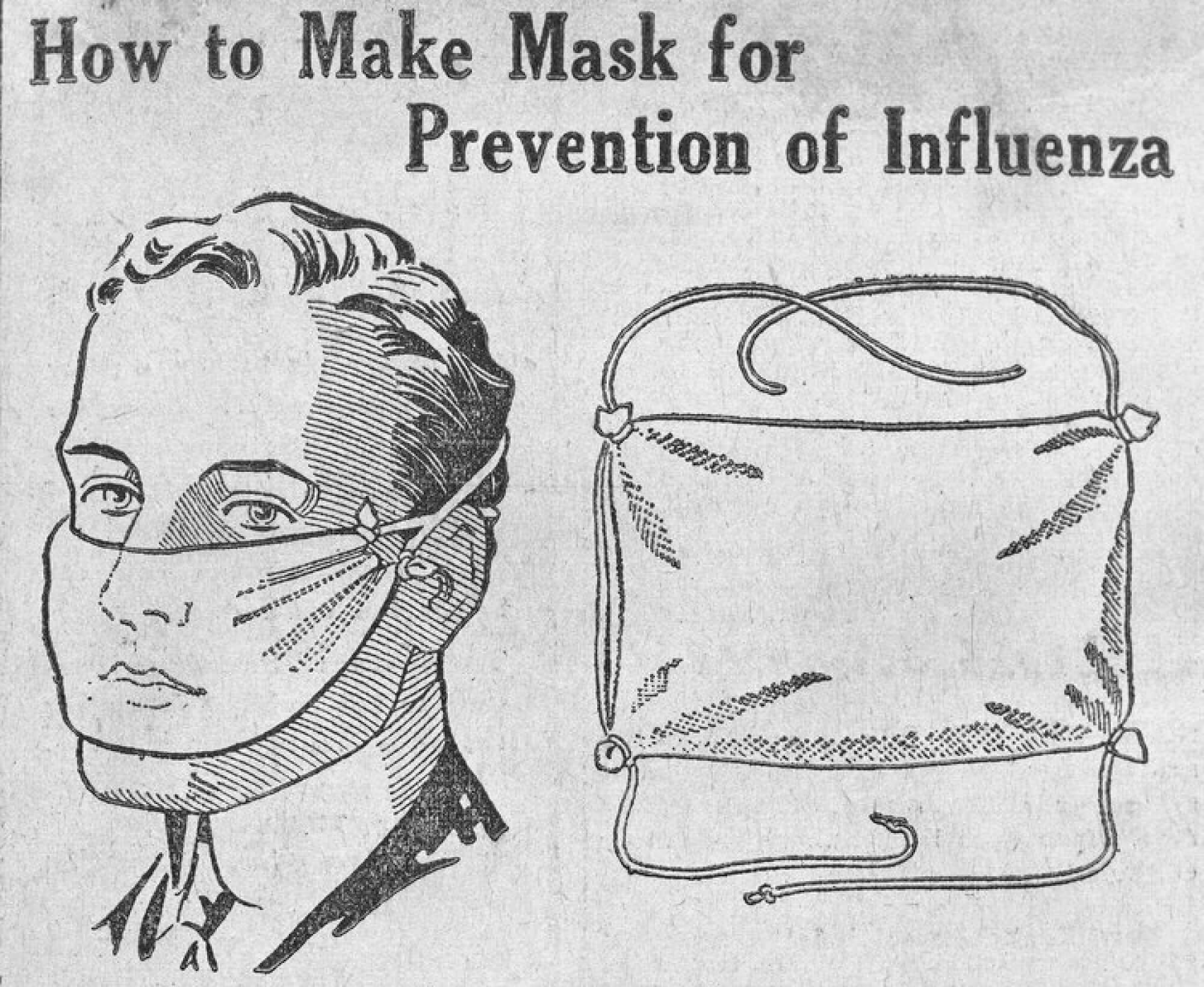 Government bulletin titled "How to make mask for prevention of influenza". Depicts drawing of man (from neck up) wearing a mask, and the mask itself to the right. Instructions are provided in the text below.