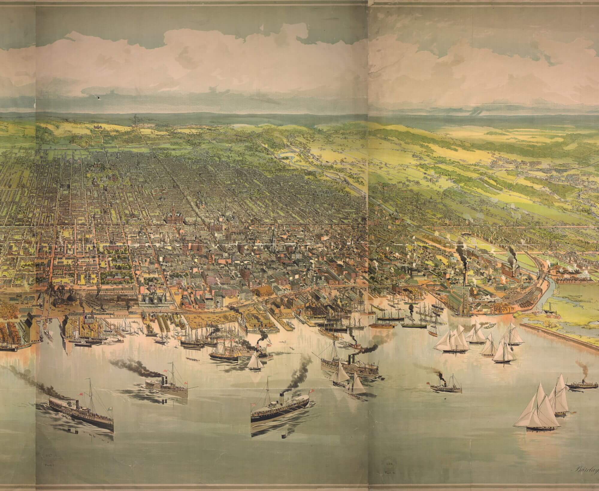 Coloured, painted illustration of the Toronto harbour and surrounding landscape. In the foreground is blue water with many boats on it, and in the distance is greenery. The sky is blue with many clouds.