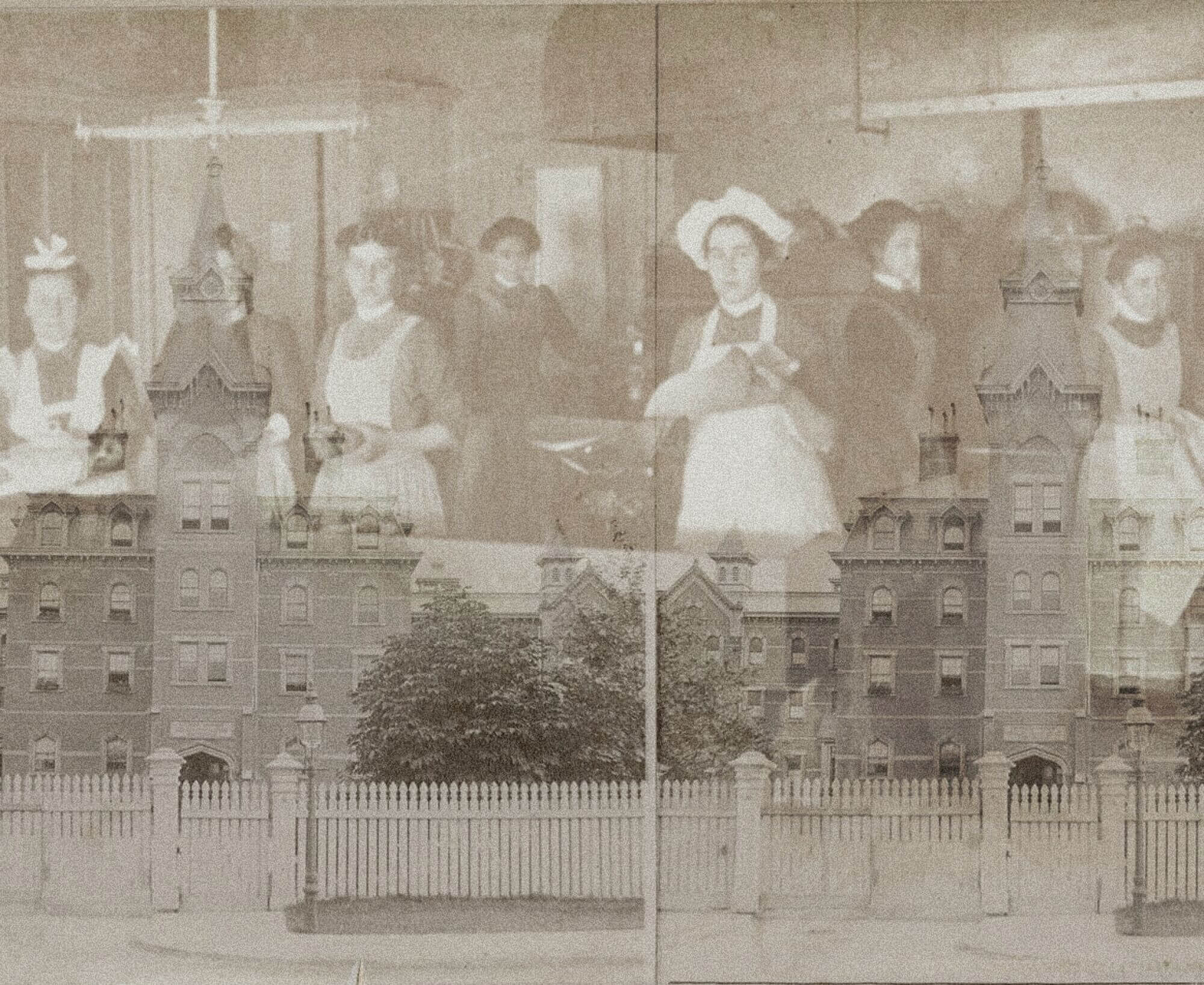 A sepia image of brick buildings. There is a fence around the buildings. Superimposed in front and above the buildings is an image of women in domestic outfits looking towards the camera. On the sides of the image it says "Publishers Webster & Albee Rochester, N.Y. Views of Toronto, Ont."