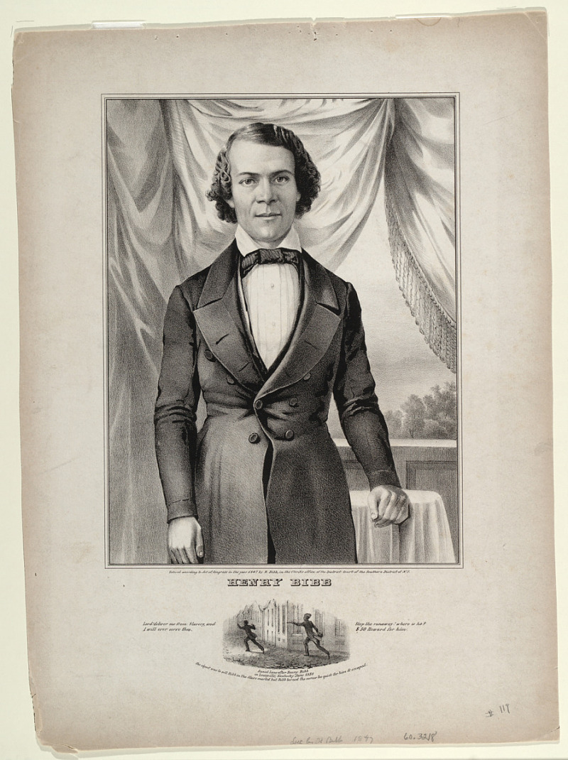 An illustration of a man who stands in the centre wearing a bow tie and dark long coat. Behind him hang drapes. At the bottom of the illustration is the text "Henry Bibb" and a smaller illustration that depicts one man running away from another man.