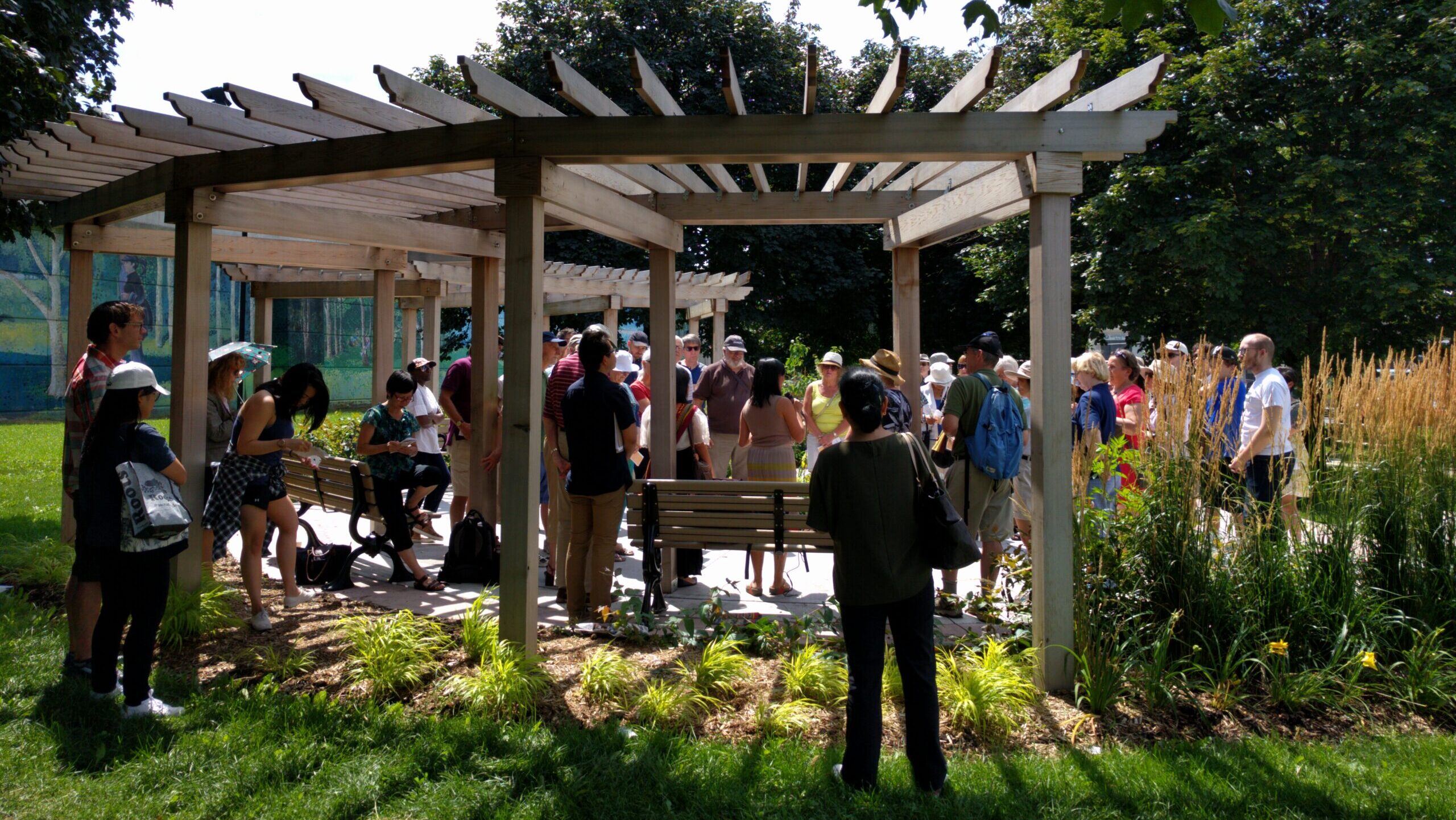 Crowd gathers around a circular wooden pergola in a park.