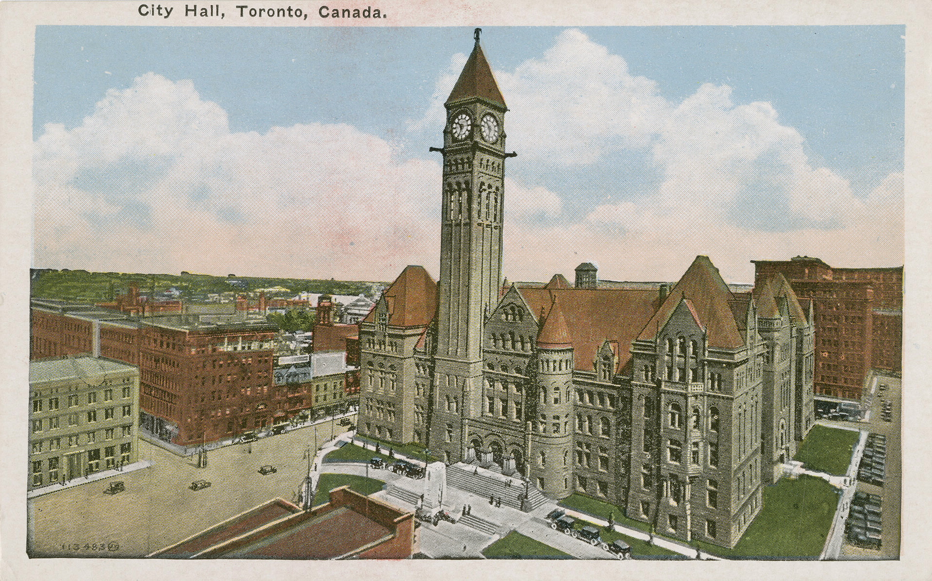 Coloured post-card with an illustration of Old City Hall, a large grey-stone building in the Richardsonian Romanesque style, with a red slate roof. Off centre, is a large clock tower, with gargoyles on each of the four corners that house the clock. In front, is a cenotaph built to commemorate Torontonians who lost their lives in services for Canada during the First World War. On the top left-hand corner, it reads "City Hall, Toronto, Canada."