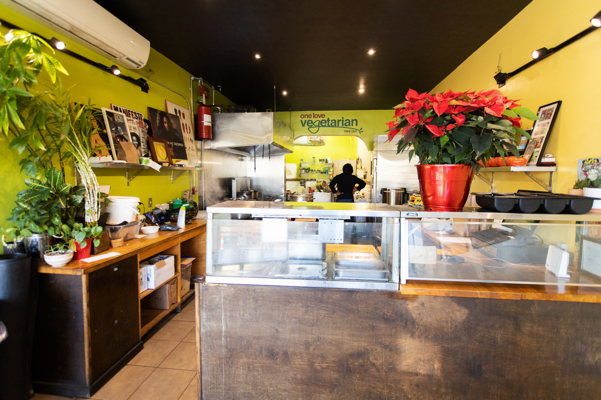 Interior of a restaurant with pale green walls and many plant decorations. Signage reads "One Love Vegetarian."