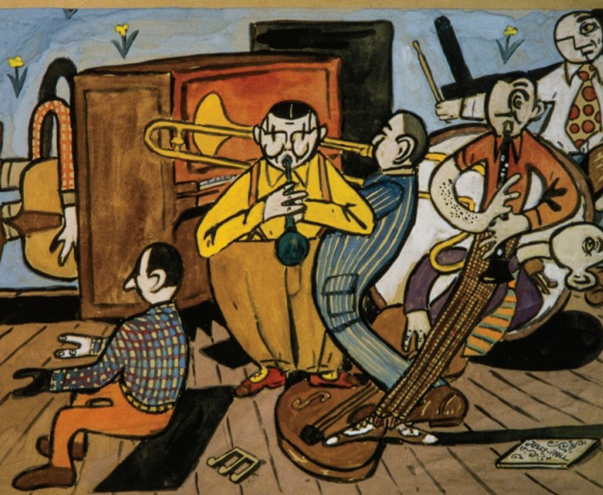 A colourful illustration featuring a music group with several individuals playing different instruments.