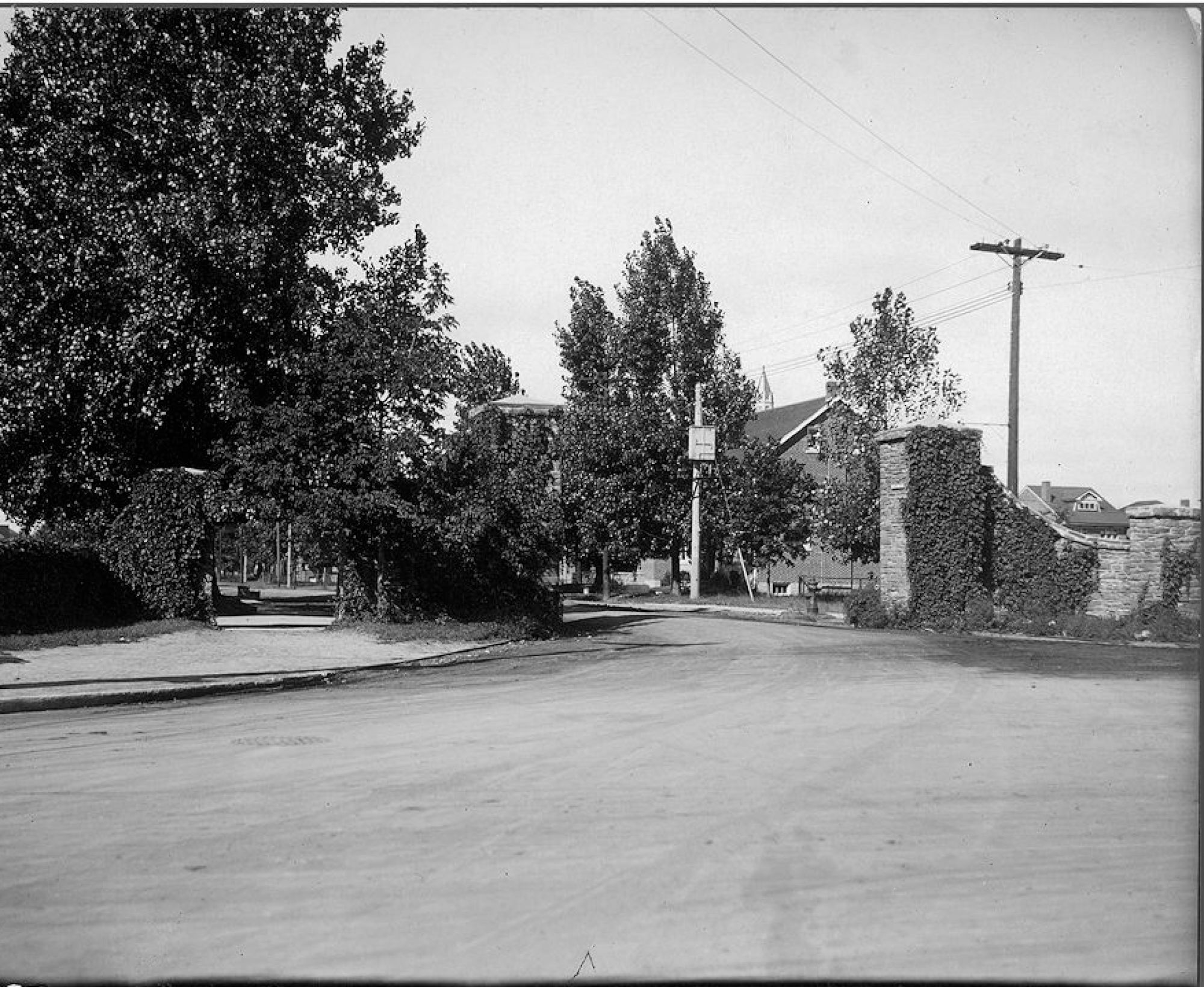 A black and white image of a three-way intersection. There are brick pillars on either side of the road covered in ivy. A large tree overhangs the road on the left side of the image.
